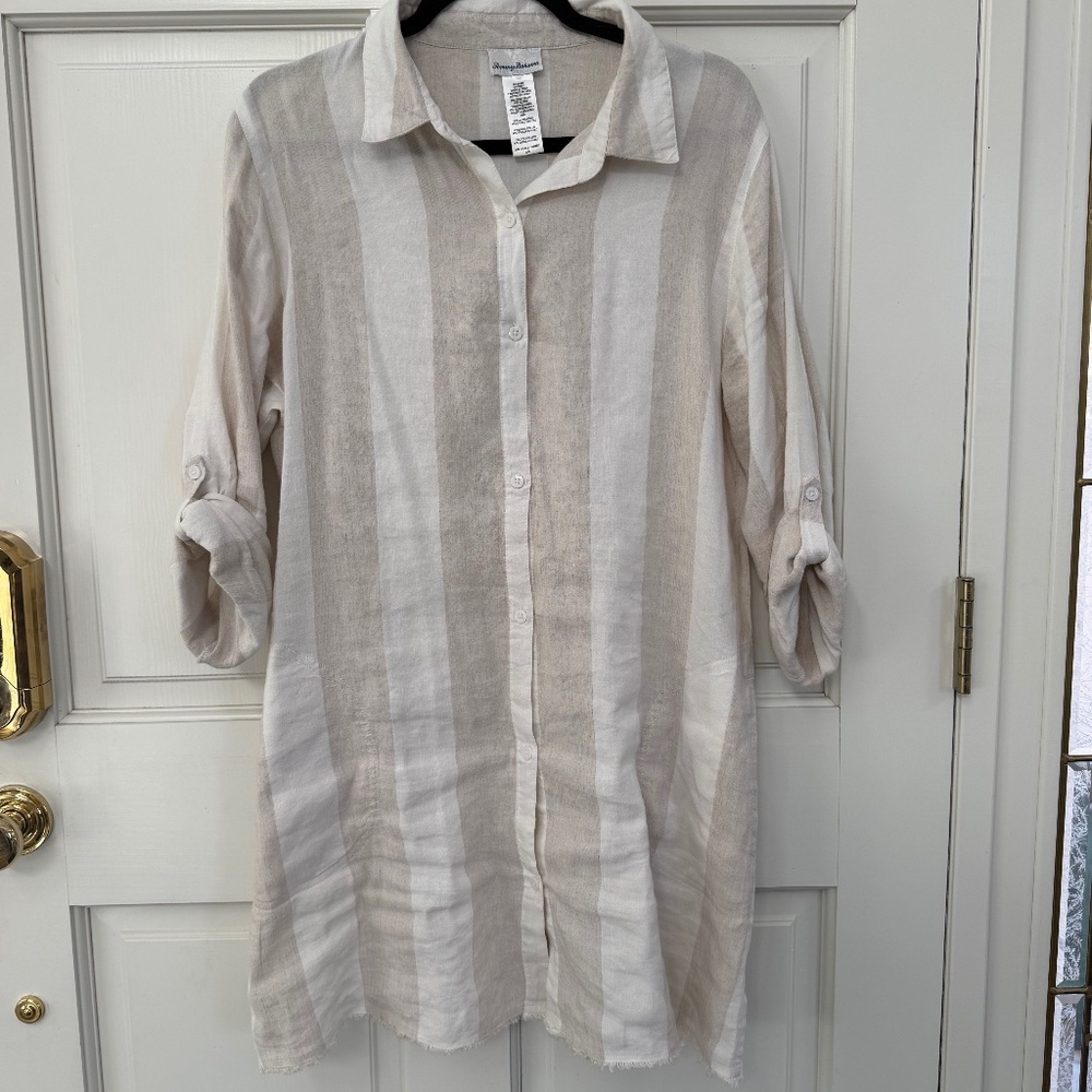 Tommy Bahama, Women's Rugby Stripe Boyfriend Cover Up Shirt, Size L,  Med. KhakI